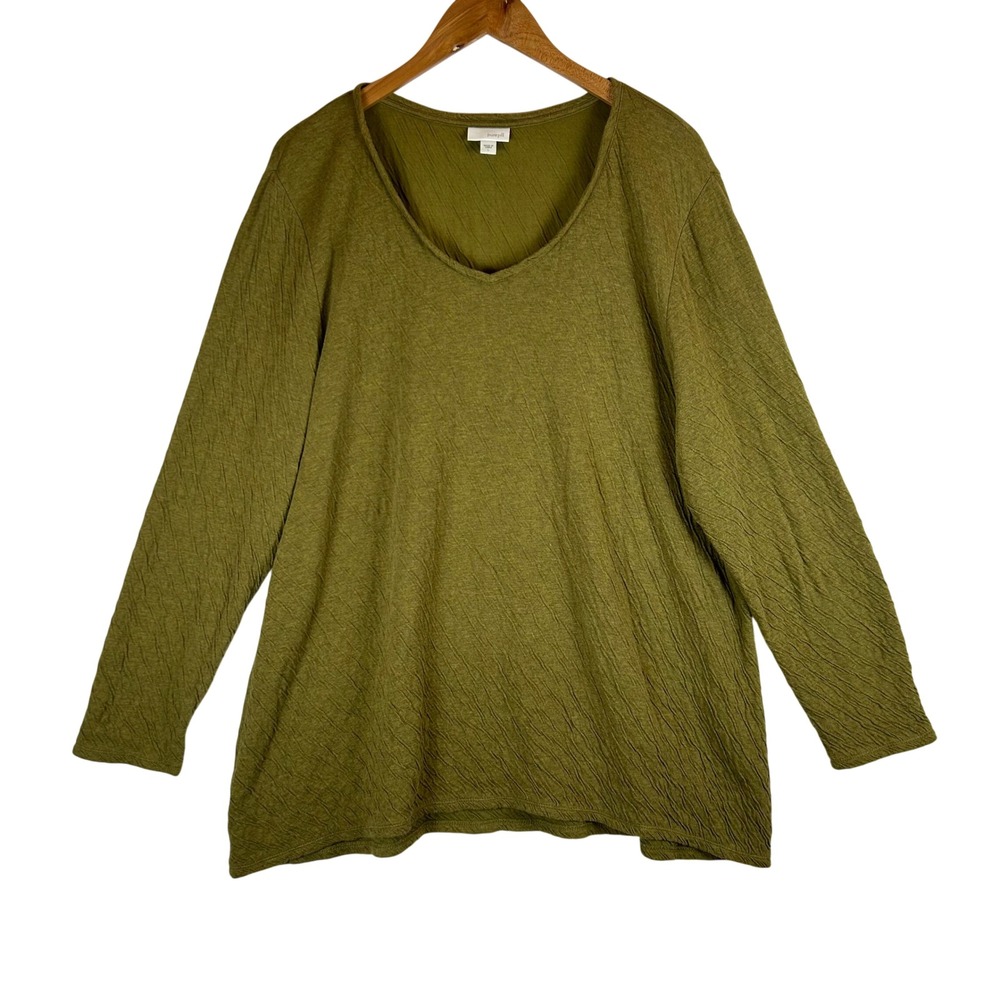 Pure Jill J Jill Olive Green Crinkle Cotton Scoop Neck Long Sleeve Top Large